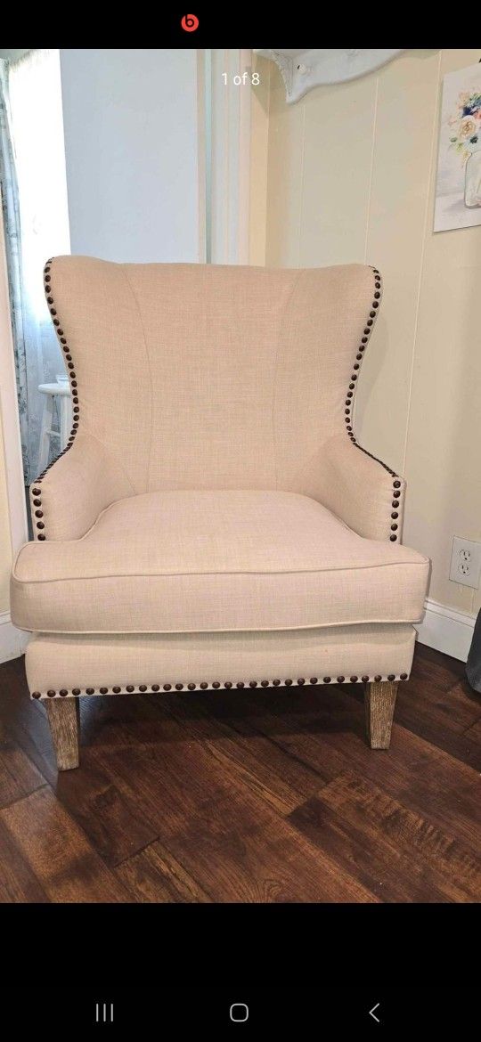 Linen Accent Chair With dark Brown Nailhead Trim