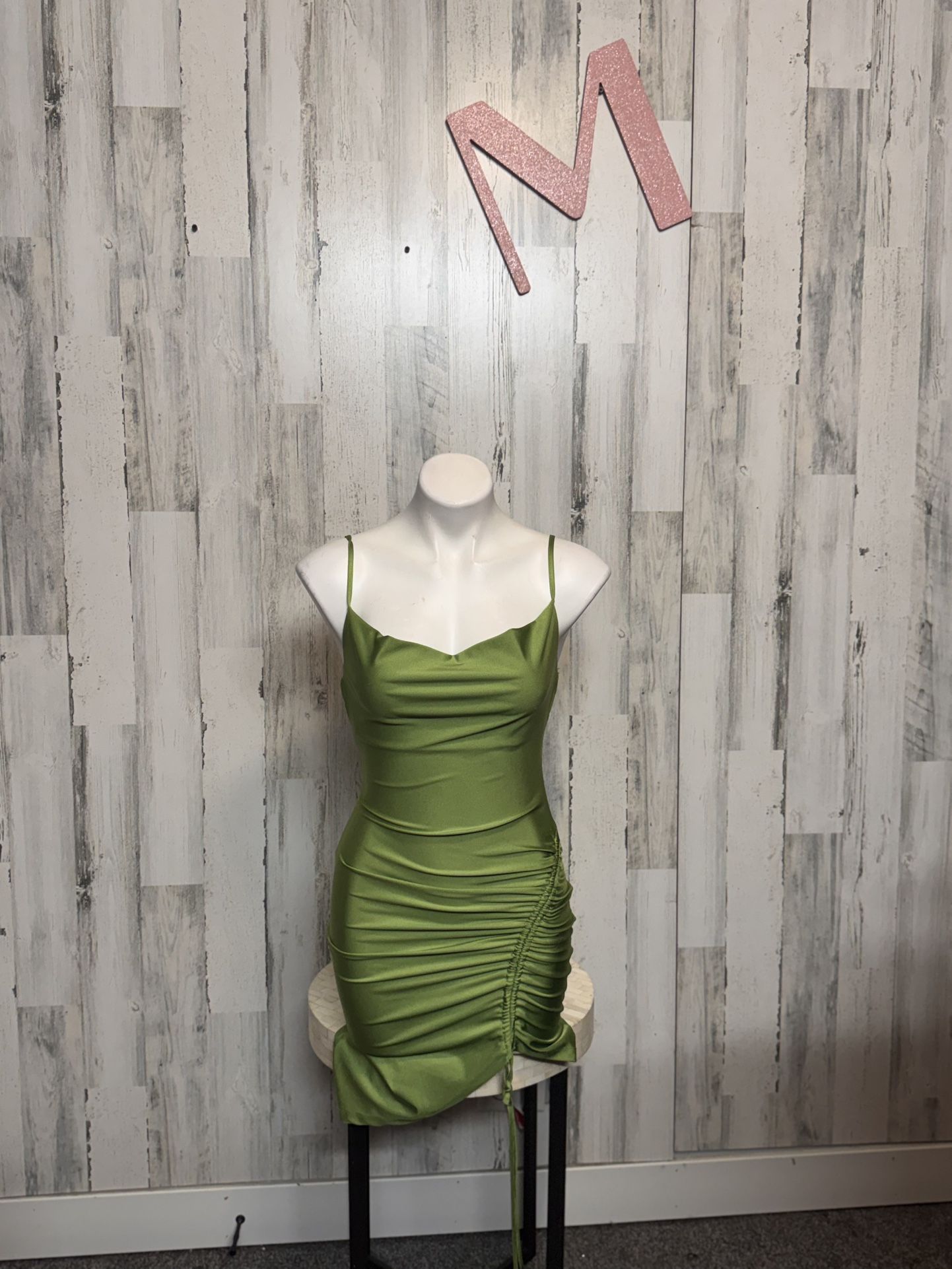 Inspired Hearts Green Satin Ruched Side Bodycon Dress Size M NWT