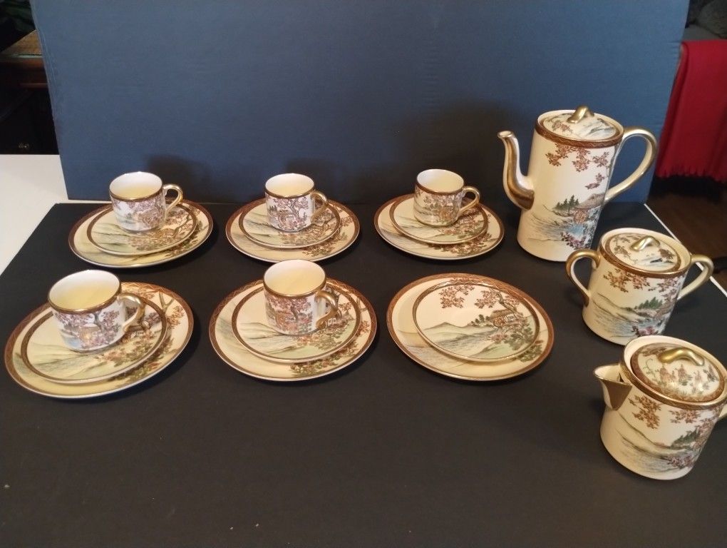 ANTIQUE JAPANESE SATSUMA DEMITASSE TEA COFFE SET 20 PIECE TEAPOT MARK.