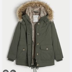HOLLISTER FAUX FUR LINED COZY PARKA JACKET COAT OLIVE GREEN WOMENS SIZE X-LARGE