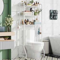 Over The Toilet Storage Rack, Metal 3 Tier Bathroom Organizer Shelf with Paper Holder and 3 Hooks, Freestanding Shelf Space Saver Above Toilet, White