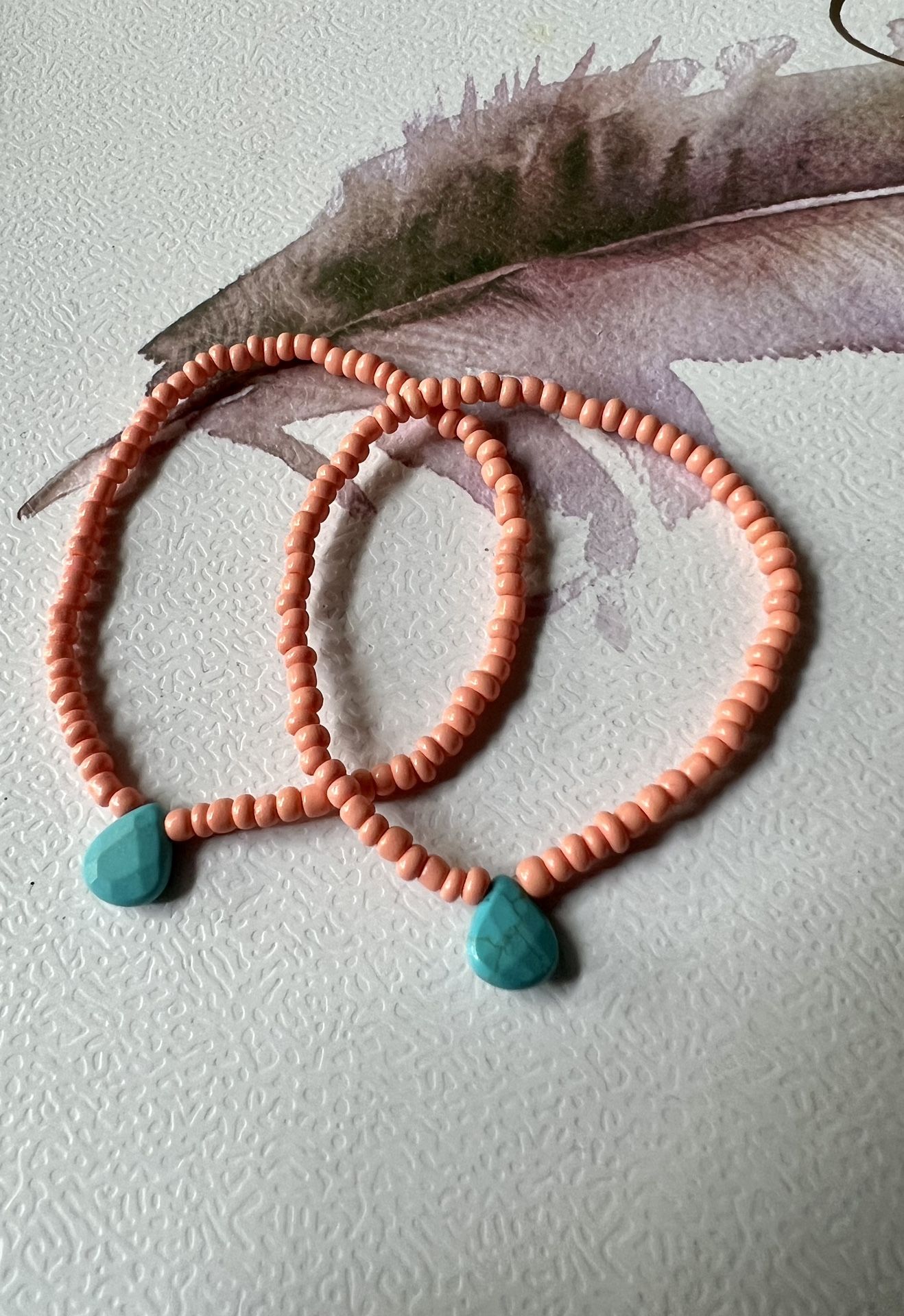 Coral Beads And Turquoise Drop Bracelets