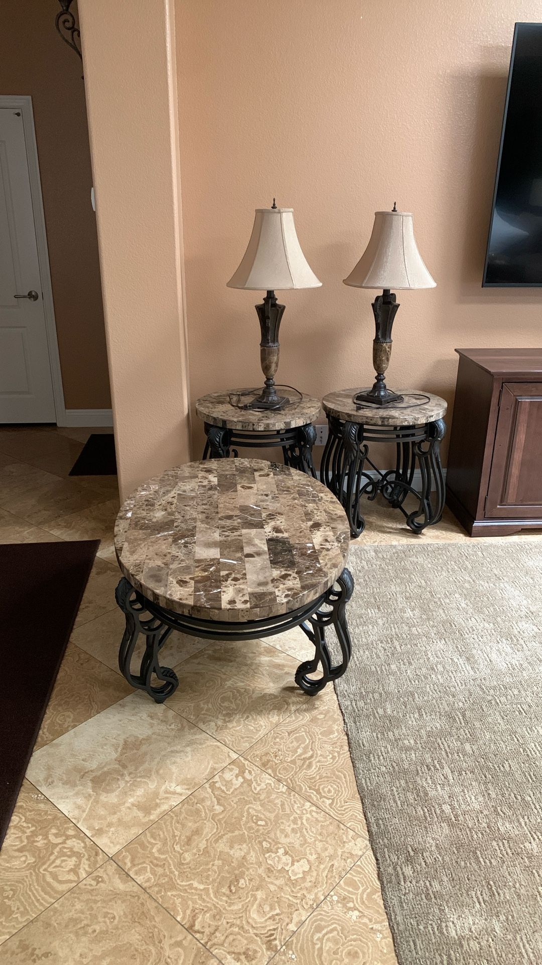 Marble Coffee Table, Two End Tables With Matching Lamps, Very Heavy, Excellent Condition 