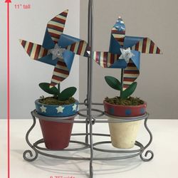 Patriotic Small Pair of Pinwheel Flower Pots in a Gray Metal Stand with Handle