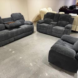New 3PC Gray Living Room Recliner Sofa Set