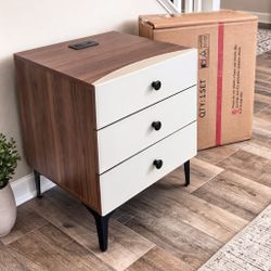 TMCLUB Modern Nightstands Set of 2, Night Stand with 3 Large Drawers & Charging Station, Wood Bedside Table with Leather Surface, End Table for Bedroo