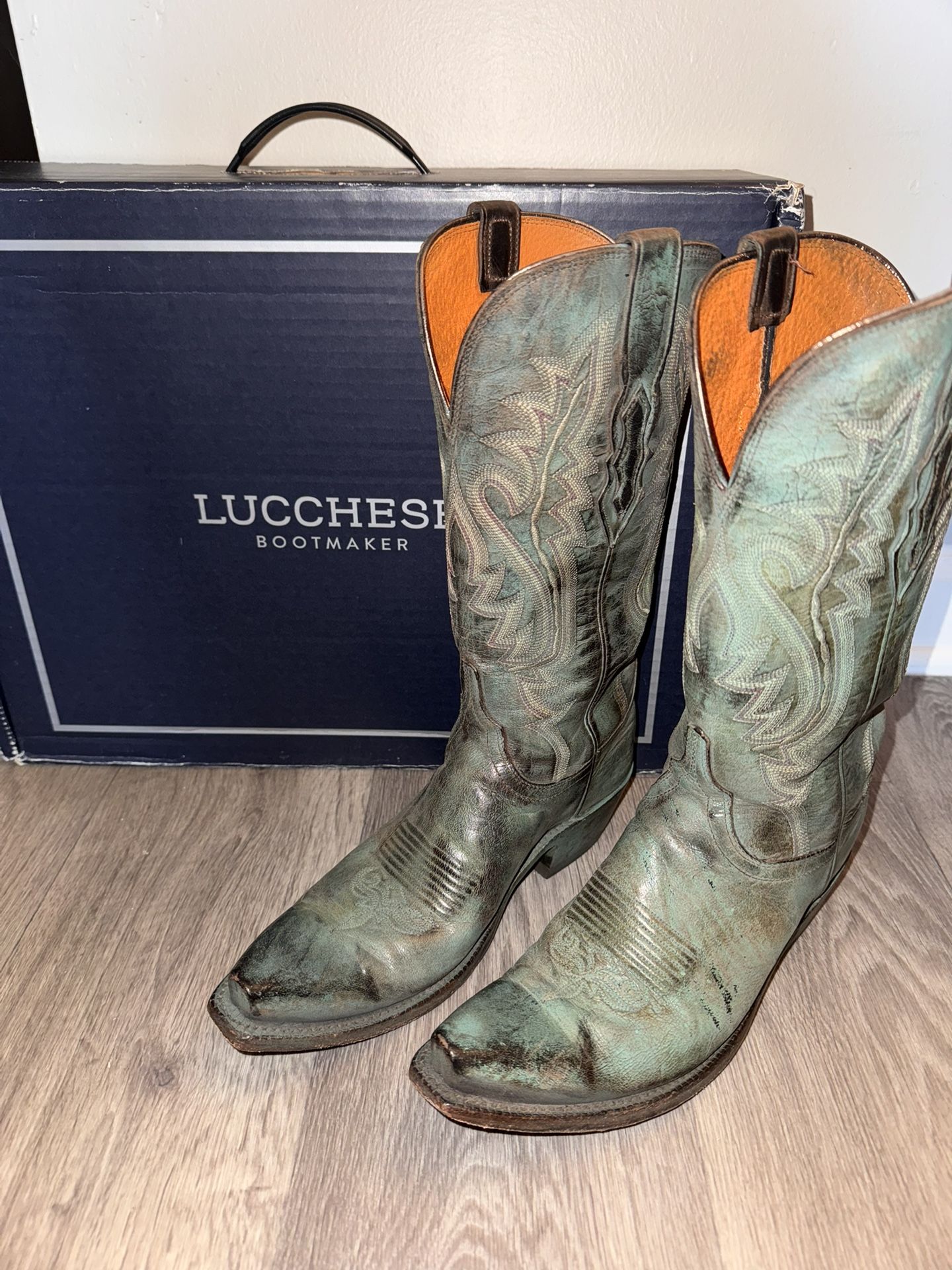 LUCCHESE Cowboy Boots Women’s Antique Turquoise Mad Dog Goat Leather 7 1/2 EUC