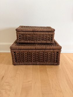 Pair of Dark Woven Wicker Storage Baskets