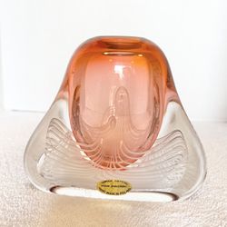 Adam Jablonski Signed Heavy Rose Pink Art Glass Vase Crystal Poland/A Few Scratches/Original Sticker