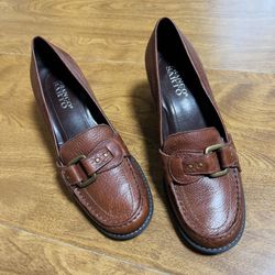 Franco Sarto Women Brown Leather Slip On block Heels Shoes Size 7.5