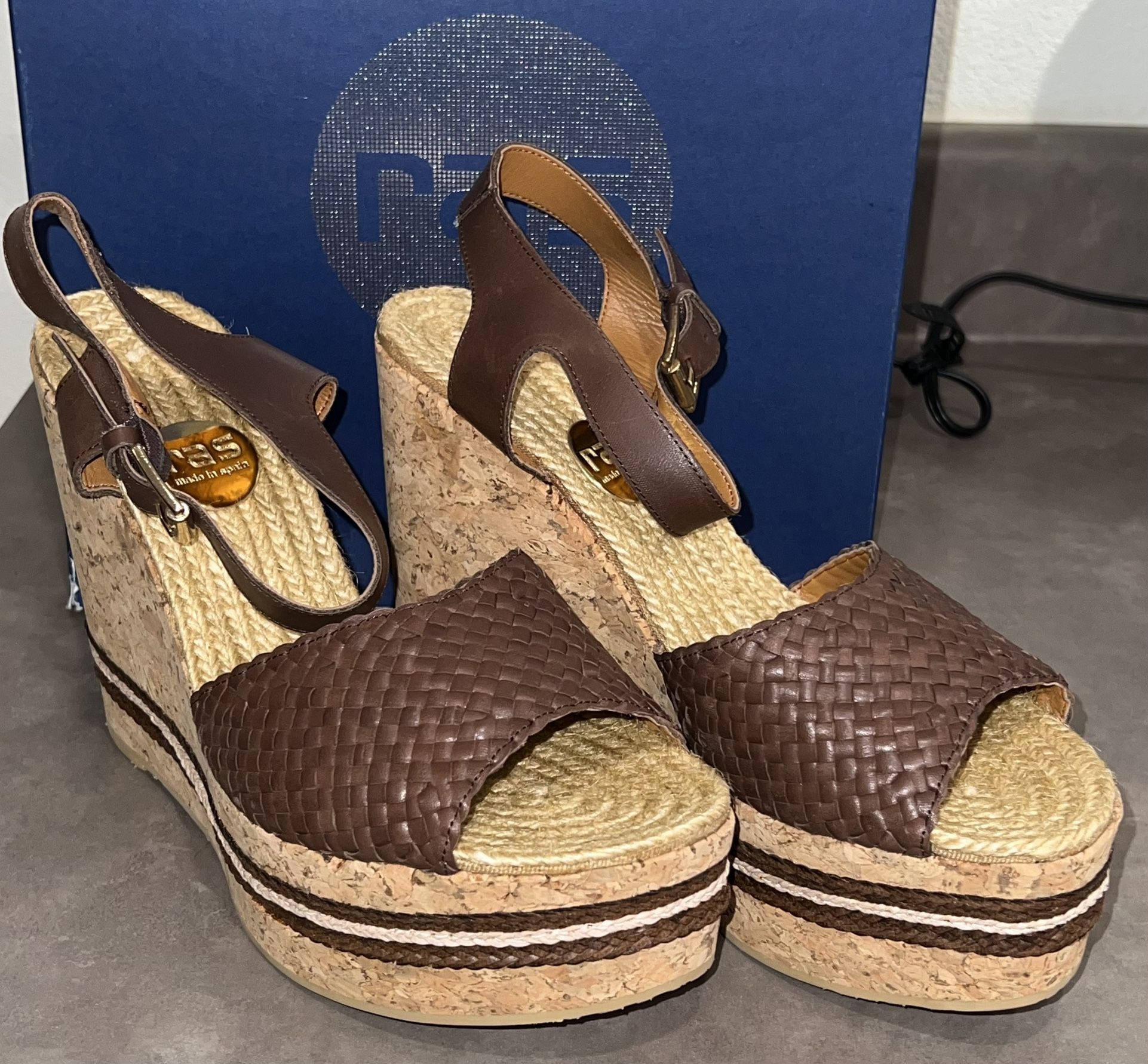 RAS (NEW) Boho Platform Wedge Heels Made In Spain US 9 Brown Cork Espadrilles