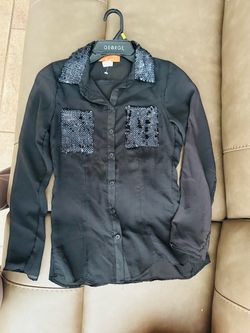 Black Sequin Detail Button-Up Blouse