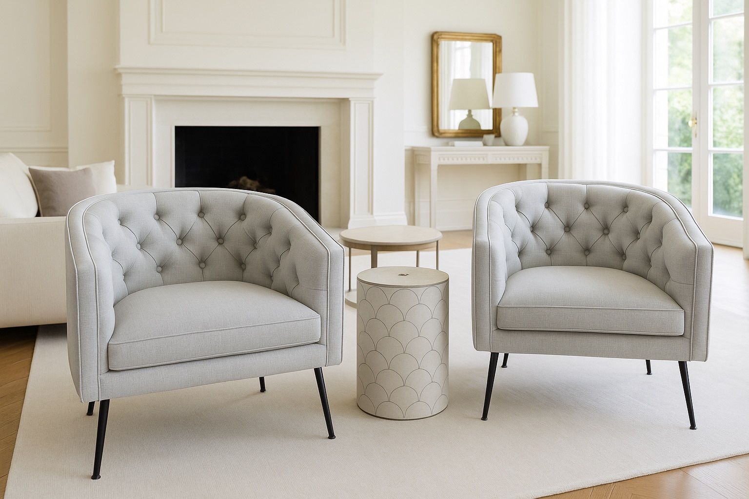 New Set of 2 Modern Tufted Barrel Accent Chair – Upholstered Armchair with Button Detailing, Linen Fabric, Padded Seat, and Metal Legs – Stylish Singl