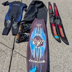 Wetsuit $20, Hyperlite Movement Wakeboard with Hyperlite Vario Bindings $100, O'Brien Water Skis $80
