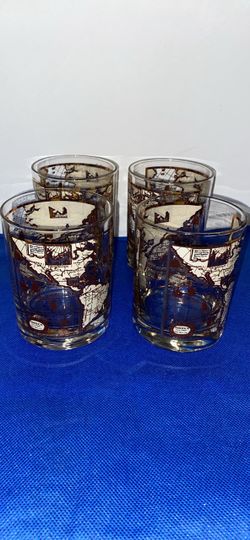 Set of 4 Vintage - Cera Glass Company - Old World Map Drinking Glasses