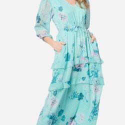 365 Design Laurel Creek Dot C H I F F O N Maxi Dress 3/4 Sleeve Excellent Condition Ruffles