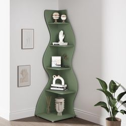 new Modern 70 in. Tall Green Wood 5-Shelf Corner Bookcase with Ample Storage and Space-Saving Design for Living room, Office