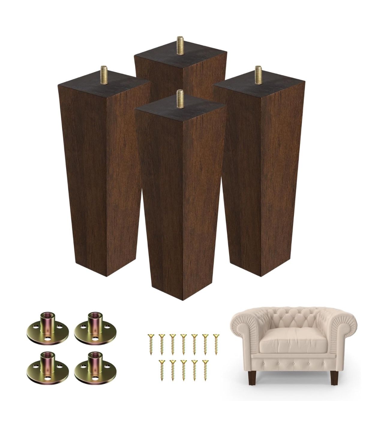 Couch Legs for Furniture Set of 4, Pyramid Square Wooden Furniture Legs 6 Inch, Mid Century Modern Brown Color Sofa Legs Replacement for Ottoman, Chai