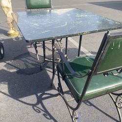 Antique Marble Top And Iron Table With 2 Chairs