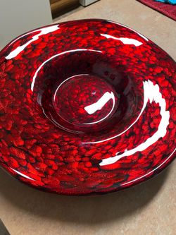 15” Hand Blown Decorative Art Glass Red Bowl Dish Scalloped Wavy Edge