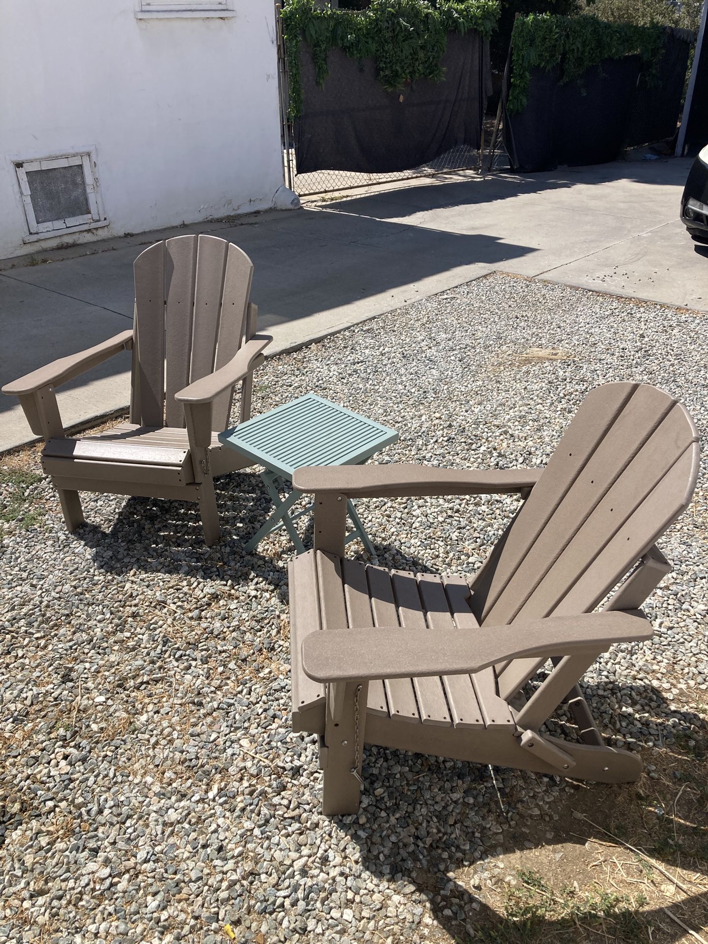 Weathered Wood Plastic Adirondack Chair Set With Small Table  