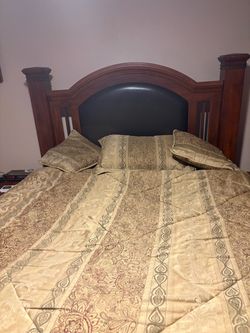 Queen size wood bed frame w/matching comforter, throw pillows and drapes