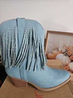 Blue Denim Fringe Short Boot