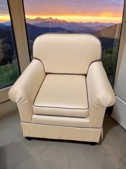 Pair of Cream Custom Luxury Upholstered Club Chairs with Navy Piping-#1201