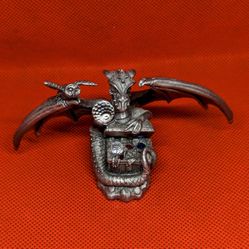 VTG 80's Spoontiques Pewter Dragon Guarding Jewels In Treasure Chest w/ Owl