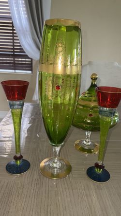 Bohemian Czech Decorative Glass: the toll Vase, Candy Dish and 2 Fluted Goblets