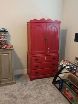 Red Painted Wood Armoire with Drawers