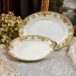 Antique Noritake (Morimura) Gold Encrusted Platter & Handled Bowl Set Japan