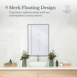 Hamilton Hills 24x36 inch Polished Silver Metal Framed Wall Mounted Mirror - Large Rectangular Wall Mirrors for Bathroom - 1/2 inch Floating Frame Van