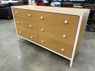 LAND OF NOD Larkin 6 Drawer Dresser with Petal Pink Metal Trim and Pulls