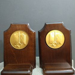 Vintage Wooden Bookends with Brass Inlay