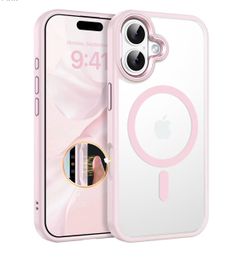 Magnetic Matte Case for iPhone 16, Black Compatible with MagSafe, Translucent pink, Slim Shockproof Protection