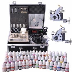 NEW 2 Tattoo Machine Kit with LCD Power Supply, 54 Color Inks & Case