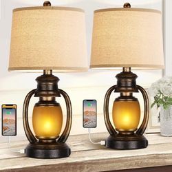 Hamucd Farmhouse Bedside Table Lamps for Living Room Set of 2 Oatmeal Tapered Drum Shade Rustic Bedroom Nightstand Lamps with 2 USB Port and Outlet

