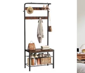 28-in W Rustic Brown Composite Hall Tree Coat Rack with Shoe Bench for Entryway