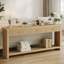 70.9 inch Console Table with 3 Drawers, Extra Long Entryway Table, Wood Sofa Table Oak Furniture with Open Storage Shelves Wooden Couch Table Foyer Ta