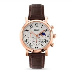 Stauer 60099 Mens Chronograph Moon Phase Watch Rose Gold Tone Leather Band G36