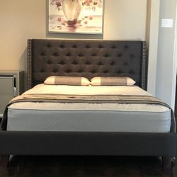 Brand New Full Size Dark Grey Tuffed Linen Bed Frame With New Mattress/Fast Delivery