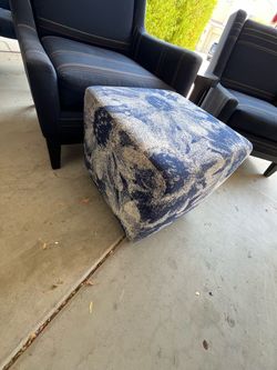 Upholstered Ottoman Footstool Blue White Pattern
