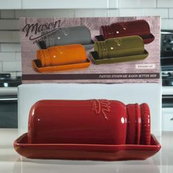 Mason Jar Covered Butter Dish Ruby Red Ceramic Farmhouse Decor Counter NWOB