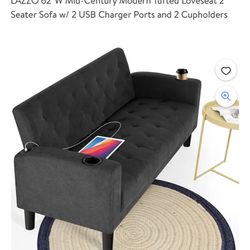 62" wide mid-century modern tufted loveseat with 2 USB charging ports and 2 cup holders