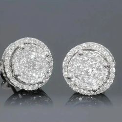 Exquisite Paved 14K White Gold Plated Cubic Zirconia 12mm Cluster Men Women Stud Earrings 