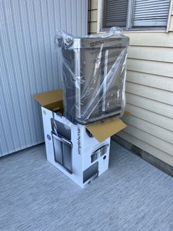 New in the box, sealed, simplehuman 58L Dual Compartment Step Trash Can with Plastic Lid. Stainless