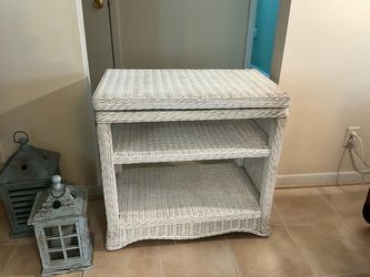 White Wicker Shelving Unit TV Stand Cart