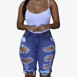 Rosewear women’s ripped denim destroyed mid rise strechy Bermuda shorts jeans