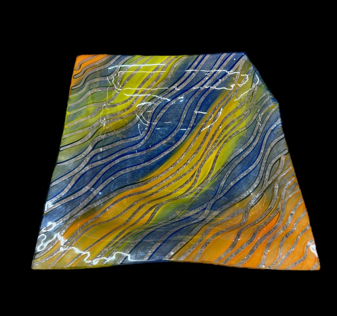 Groovy Art Glass Fused Platter Signed Lg 